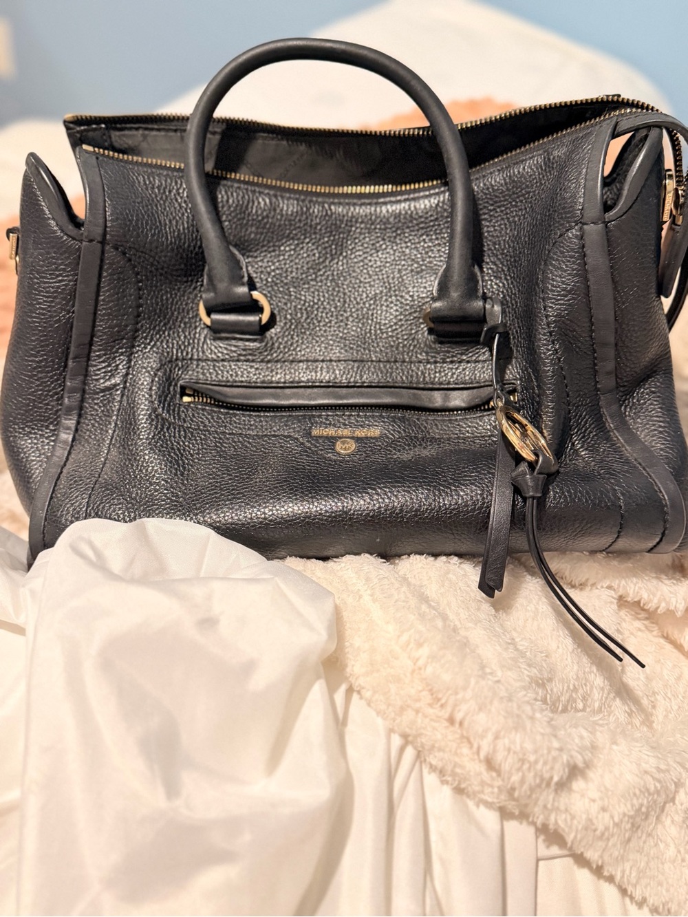 Michael Kors Black Pebbled Leather Satchel with Gold Accents
